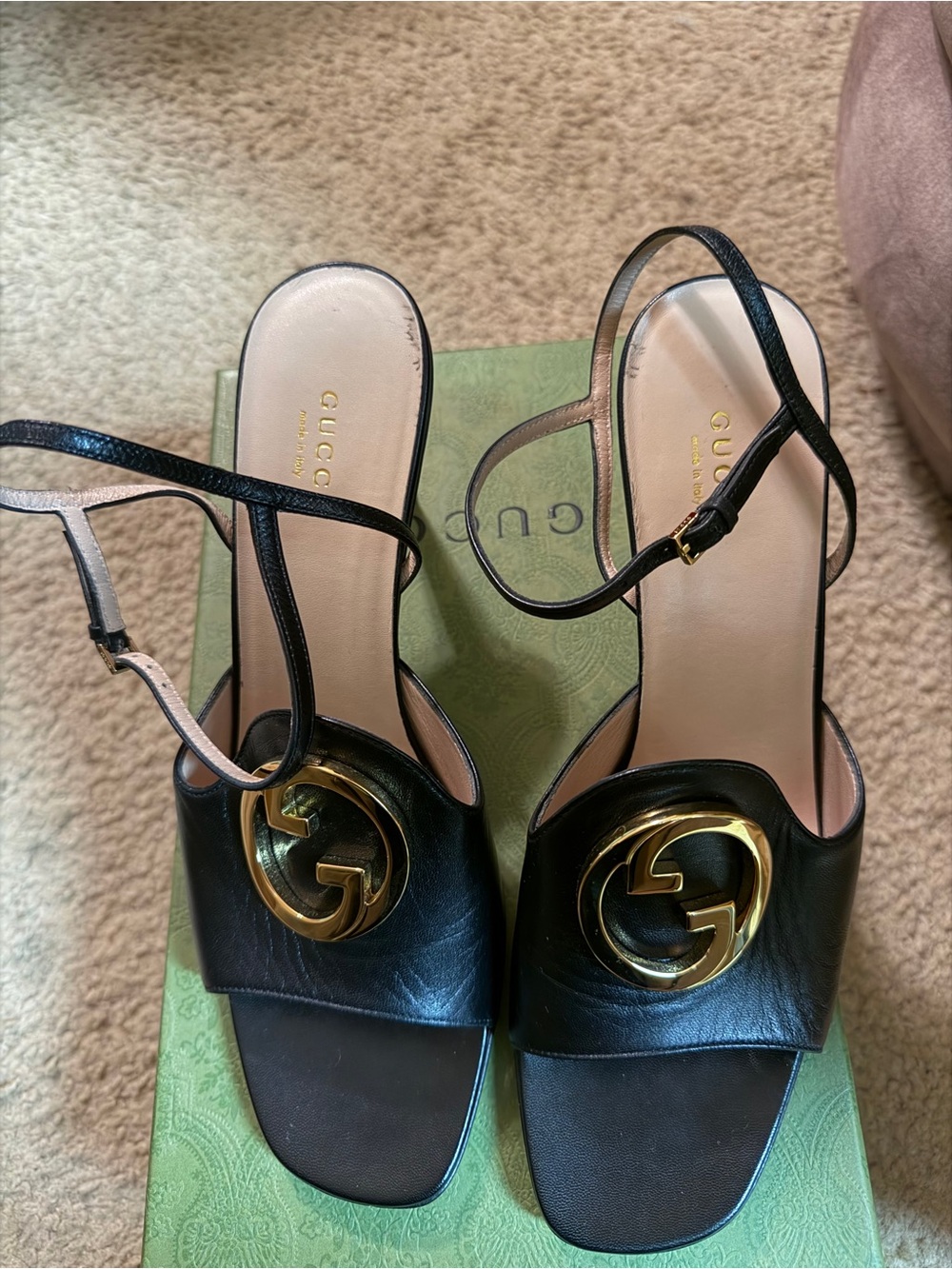 Gucci Black Leather Slingback Heels with Gold GG Medallion